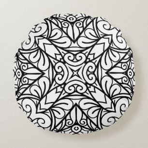 Black and White Mandala Frame Pattern Round Pillow