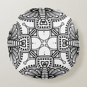 Black and White Mandala Frame Pattern Round Pillow