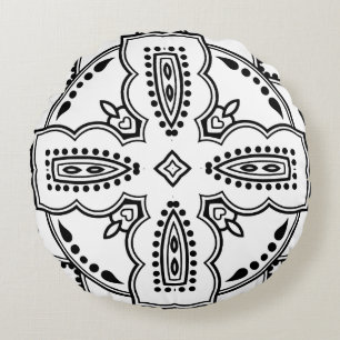 Black and White Mandala Frame Pattern Round Pillow