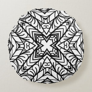 Black and White Mandala Frame Pattern Round Pillow