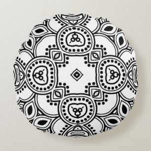 Black and White Mandala Frame Pattern Round Pillow
