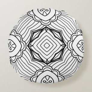 Black and White Mandala Frame Pattern Round Pillow