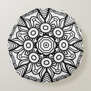 Black and White Mandala Frame Pattern Round Pillow