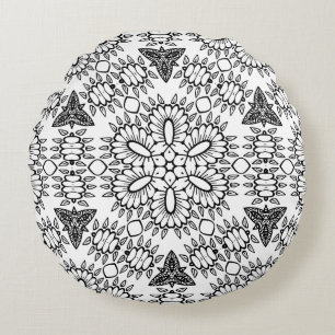 Black and White Mandala Frame Pattern Round Pillow
