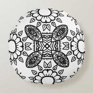 Black and White Mandala Frame Pattern Round Pillow