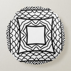 Black and White Mandala Frame Pattern Round Pillow