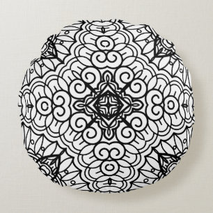 Black and White Mandala Frame Pattern Round Pillow