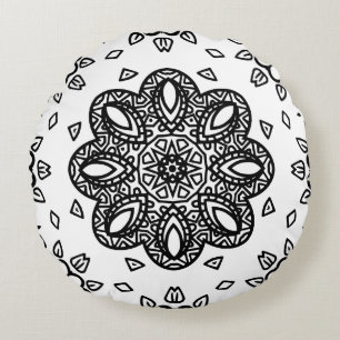 Black and White Mandala Frame Pattern Round Pillow