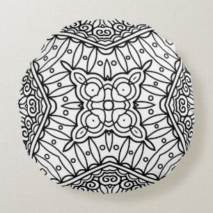 Black and White Mandala Frame Pattern Round Pillow