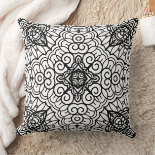 Black and White Mandala Frame Pattern Throw Pillow