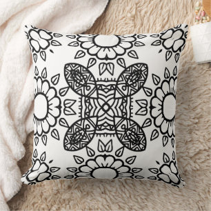 Black and White Mandala Frame Pattern Throw Pillow