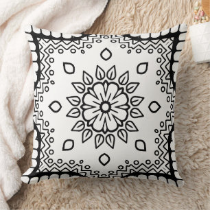 Black and White Mandala Frame Pattern Throw Pillow