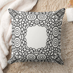 Black and White Mandala Frame Pattern Throw Pillow