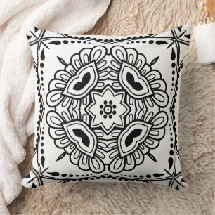 Black and White Mandala Frame Pattern Throw Pillow
