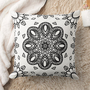 Black and White Mandala Frame Pattern Throw Pillow