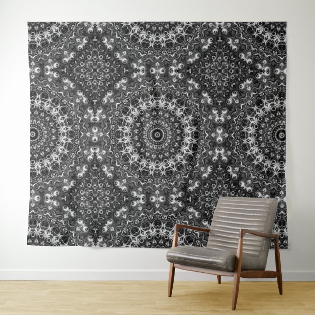 Black and White Mandala Geometric Design Tapestry (In Situ (Horizontal))