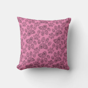Black and White Mandala Paw Print Pattern Pink Throw Pillow