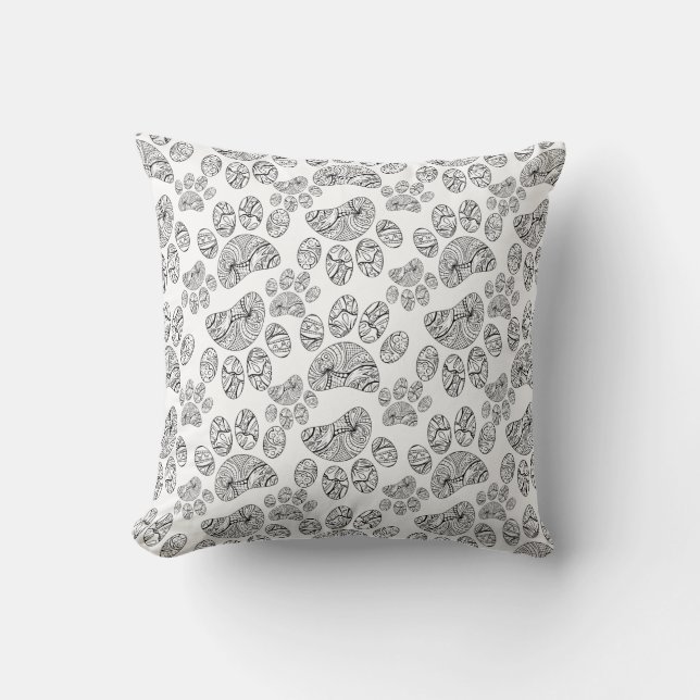 Black and White Mandala Paw Print Pattern Throw Pillow (Front)