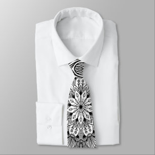 Black and White Mandala Trippy Psychedelic Hippie Tie