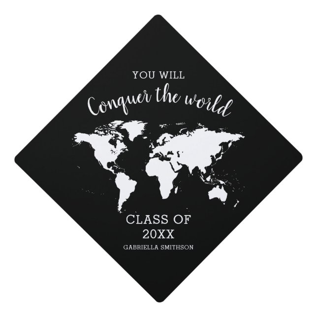 Black and White Map Conquer the World Graduation Cap Topper (Front)