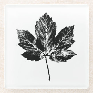 Black and White Maple Leaf Print Glass Coaster