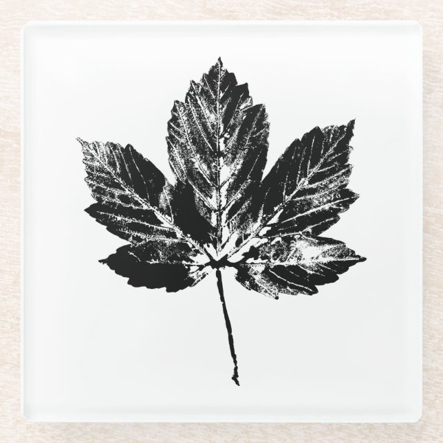 Black and White Maple Leaf Print Glass Coaster (Front)