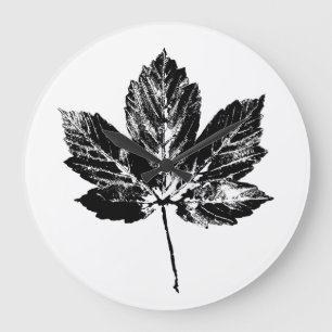 Black and White Maple Leaf Print Large Clock