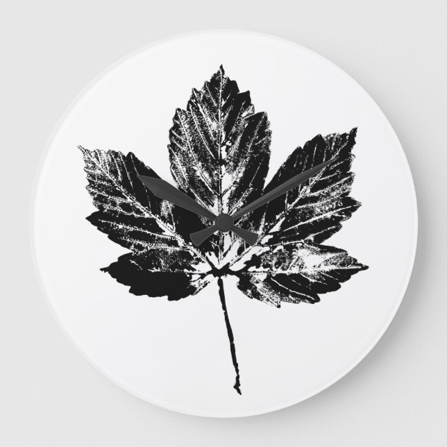 Black and White Maple Leaf Print Large Clock (Front)