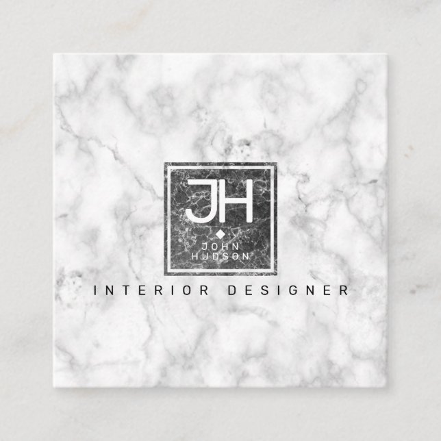 Black and White Marble Design Modern Monogram Busi Square Business Card (Front)