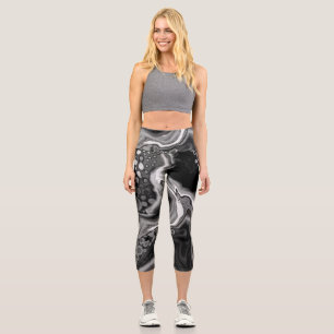 Black and White Marble Digital Fluid Art Capri Leggings