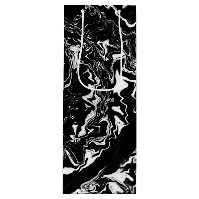Black and White Marble Fluid Art Wine Gift Bag (Front)