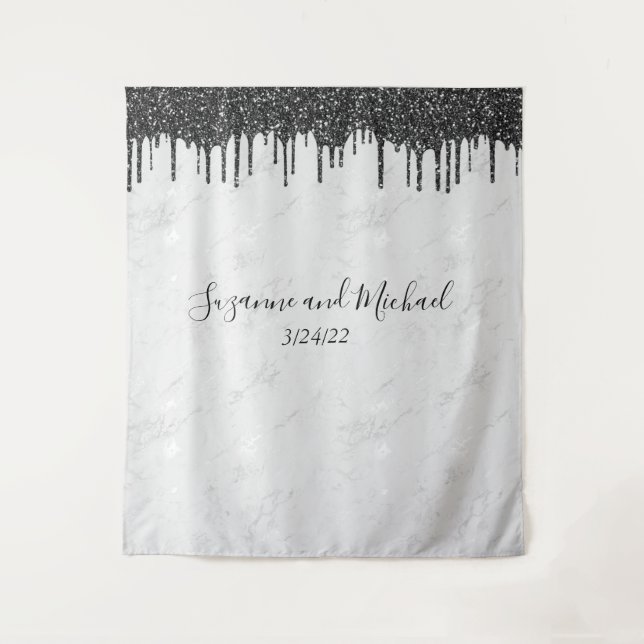 Black and White Marble Glitter Drips Wedding Tapestry (Front)