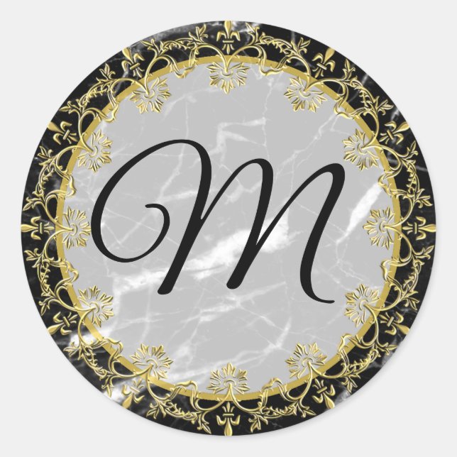 Black and White Marble Gold Monogrammed Classic Round Sticker (Front)