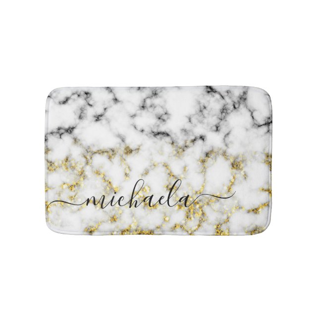 Black and white marble gold sparkle Custom name Bath Mat (Front)