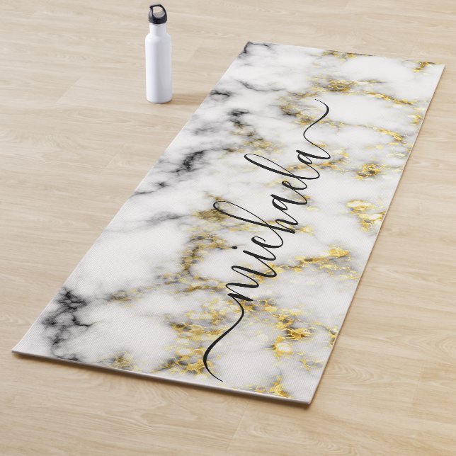 Black and white marble gold sparkle Custom name Yoga Mat (In Situ)