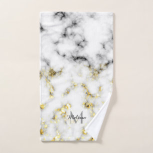 Black and white marble gold sparkle flake Monogram Bath Towel Set