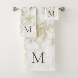 Black and white marble gold sparkle flake Monogram Bath Towel Set