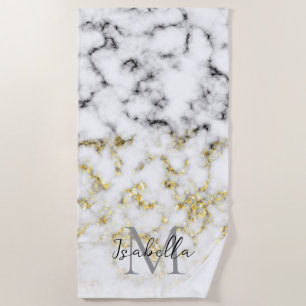 Black and white marble gold sparkle flake Monogram Beach Towel