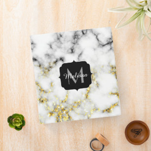 Black and white marble gold sparkle flake Monogram Binder