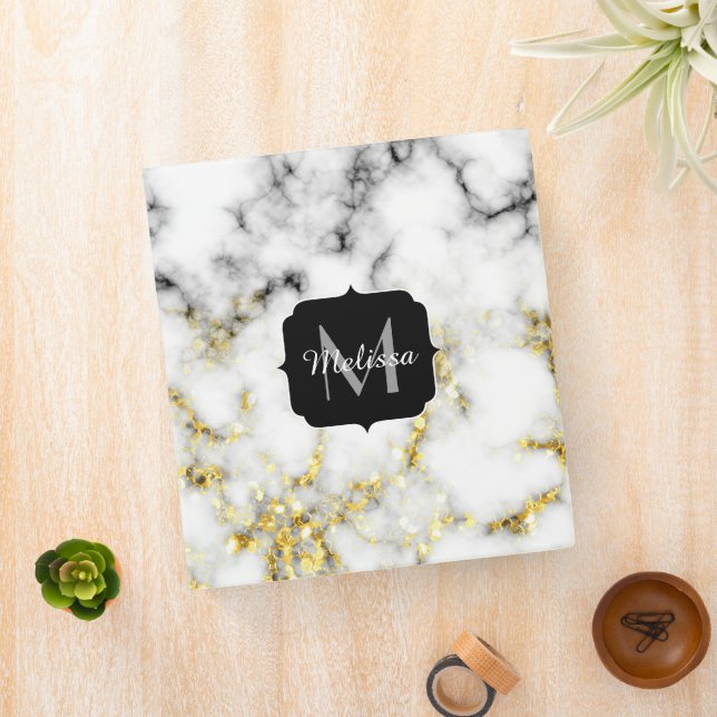 Black and white marble gold sparkle flake Monogram Binder (In Situ)