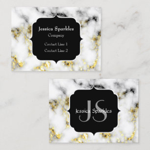 Black and white marble gold sparkle flake Monogram Business Card