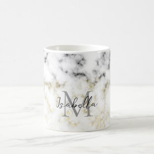 Black and white marble gold sparkle flake Monogram Coffee Mug