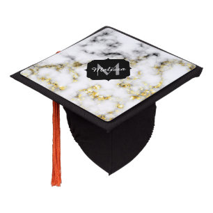 Black and white marble gold sparkle flake Monogram Graduation Cap Topper