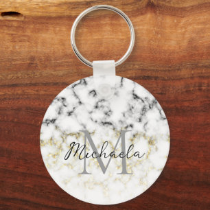 Black and white marble gold sparkle flake Monogram Keychain