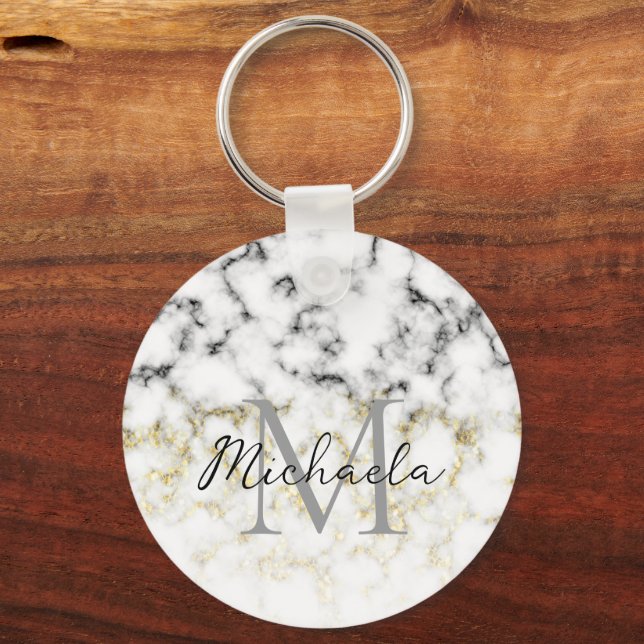 Black and white marble gold sparkle flake Monogram Keychain (Front)