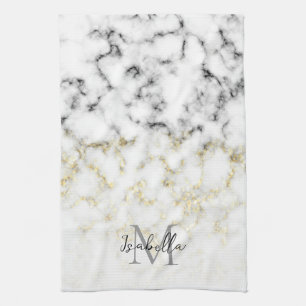 Black and white marble gold sparkle flake Monogram Kitchen Towel