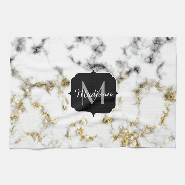 Black and white marble gold sparkle flake Monogram Kitchen Towel (Horizontal)
