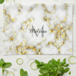 Black and white marble gold sparkle flake Monogram Kitchen Towel