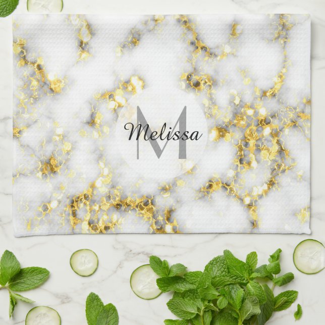 Black and white marble gold sparkle flake Monogram Kitchen Towel (Folded)