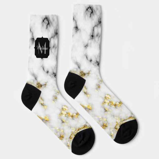 Black and white marble gold sparkle flake Monogram Socks (Right)